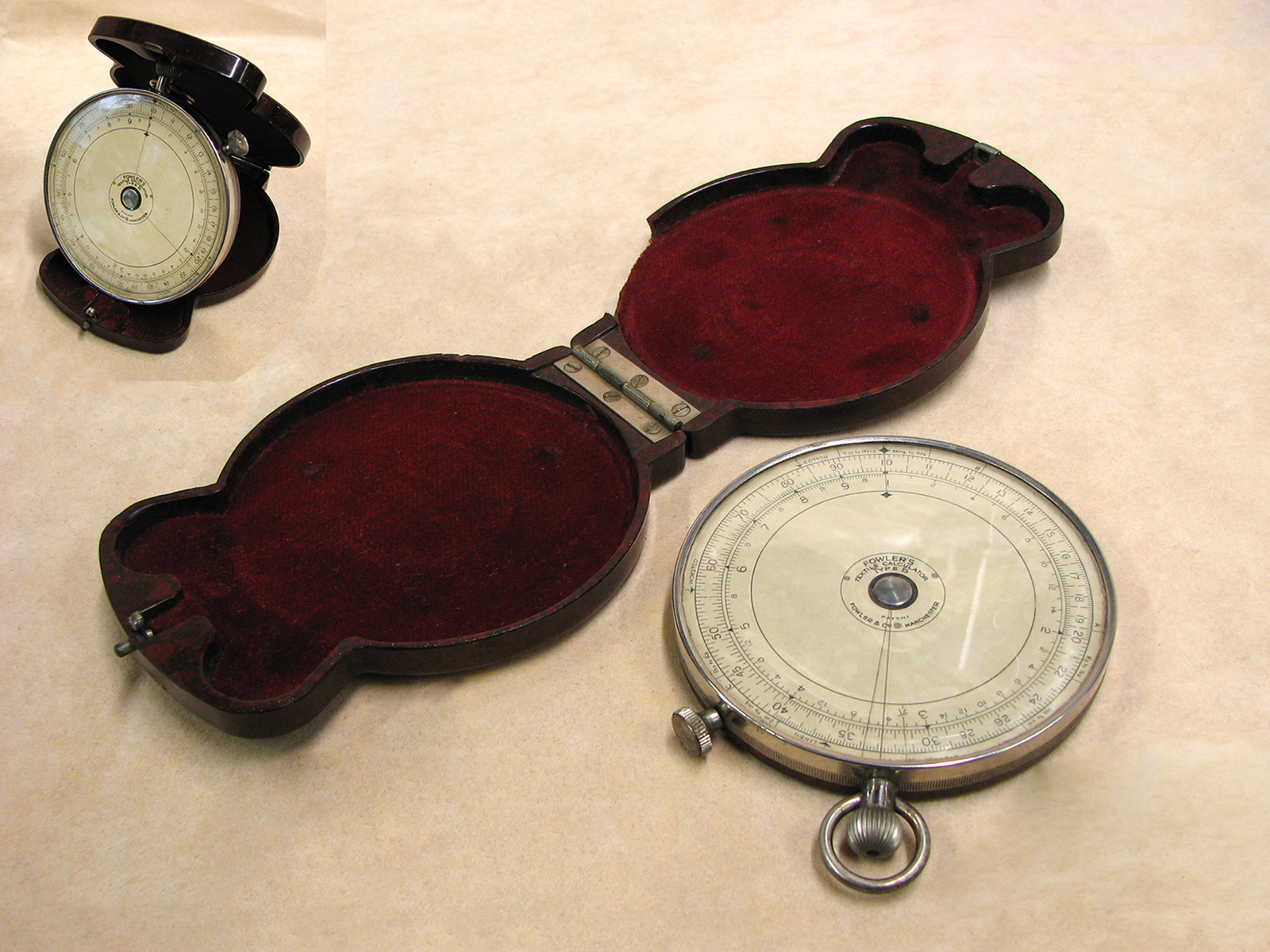 Rare 1920's Fowler's textile calculator with bakelite backplate and outer case